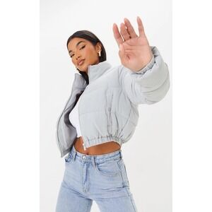 Pretty Little Thing Peach Skin Cropped Bubble Puffer‎ Jacket Gray Size 4 NWT